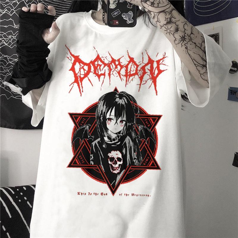 Harajuku T-Shirt Aesthetic Gothic Punk Cartoon Short Sleeve O-Neck Tops Women Summer Loose Oversize Street Clothes
