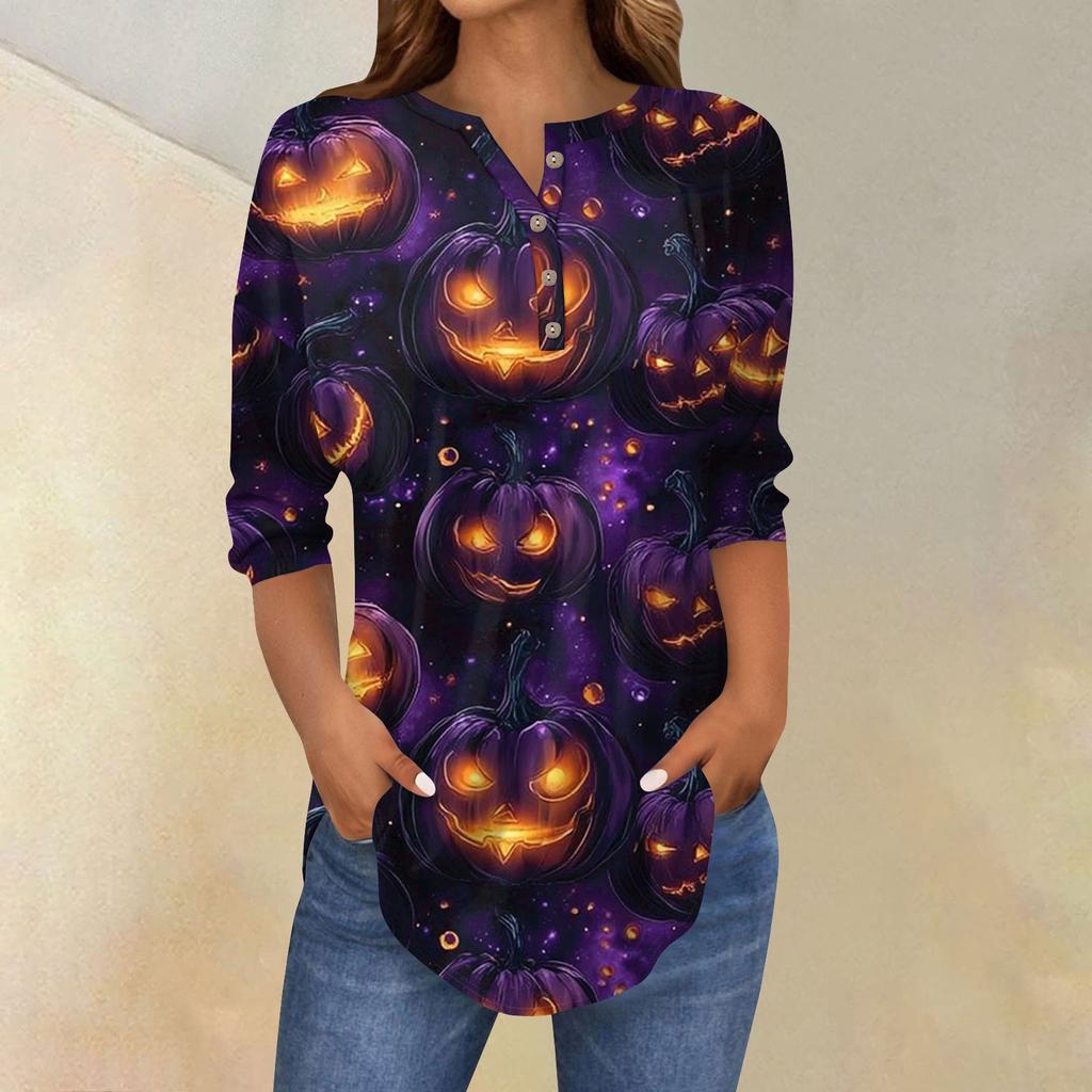 Женская модная свободная футболка с пуговицами на воротнике, с принтом на Хэллоуин, с длинным рукавом, топ, пуловер