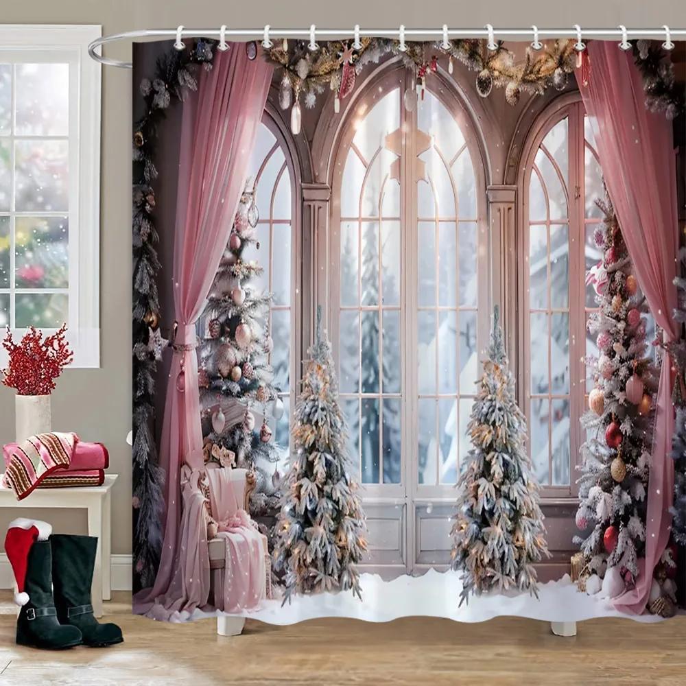 Рождественская вечеринка Занавески для душа Камин Рождественская елка и подарки Снеговик Снежная сцена Моющаяся занавеска для душа Арт Декор для ванной