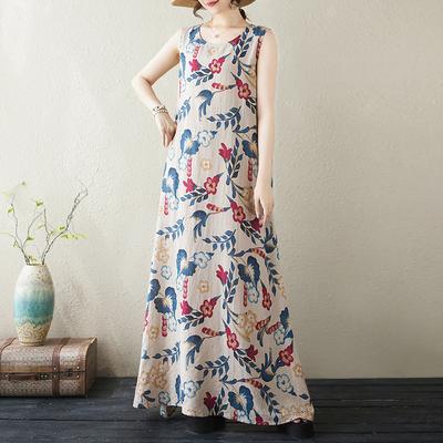 Летнее хлопковое льняное свободное платье в стиле отпуска без рукавов для женщин, повседневные платья