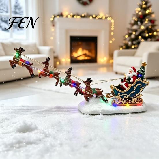 Colorful LED Holiday Lights Christmas Deer Pulling Sled Figurine, Santa Reindeer Scene Decor with Lighted Sleigh Lights, Tabletop Centerpieces