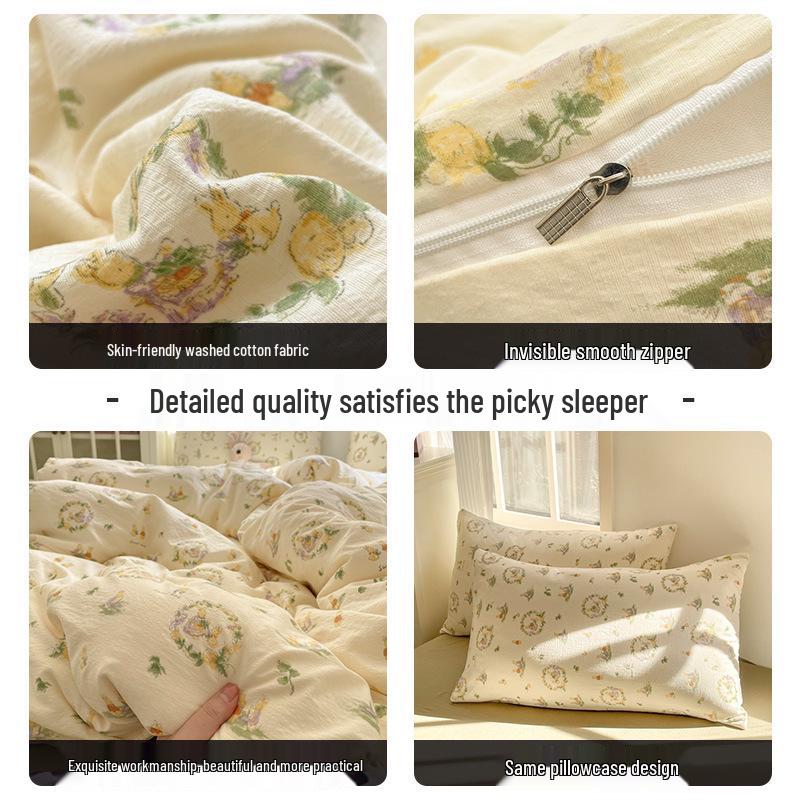 G5Z25 Jacquard Four-Piece Nude-Sleep Bedding Set with Cloud-Feel Double-Layer Gauze  for Girls, Includes Duvet Cover and Fitted Sheet