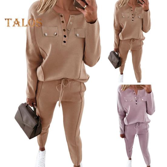 2 шт./комплект женский топ брюки костюм круглый вырез длинный рукав однотонная блузка эластичный пояс облегающие брюки повседневная одежда спортивный наряд осень весна