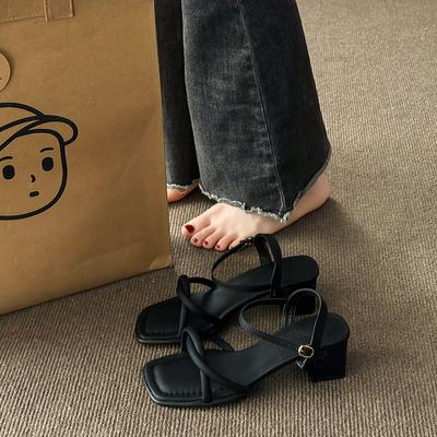 Сандалии женские лето 2025 новые модные универсальные нежные ретро толстые каблуки нескользящие слово с высокими каблуками лето