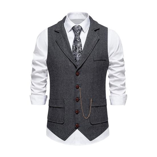 Men Suit Waistcoat Lapel Sleeveless Single Breasted Business Suit Vest Solid Color Slanted Hem 3D Pockets Chain Decoration Waistcoat