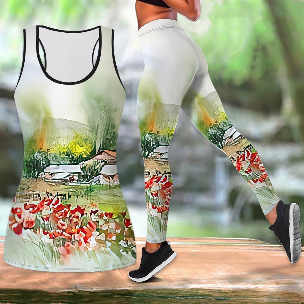 Blue Shadow Flower Print Yoga Outfit for Women Fashion Workout Leggings Fitness Sports Casual Yoga Set Sports Suit