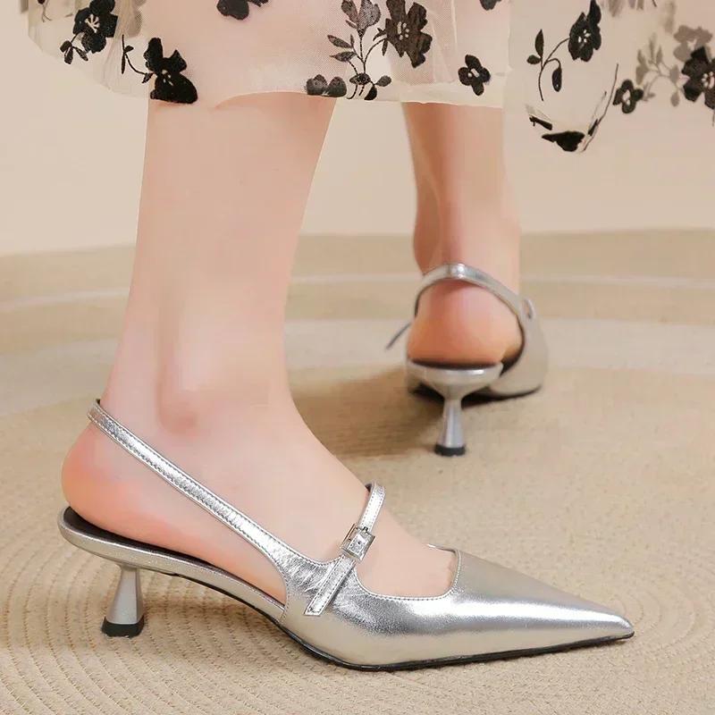 Брендовые осенние туфли Slingback женские туфли на высоком каблуке элегантные туфли-лодочки женские туфли с пряжкой на ремешке с острым носком на тонком каблуке женские