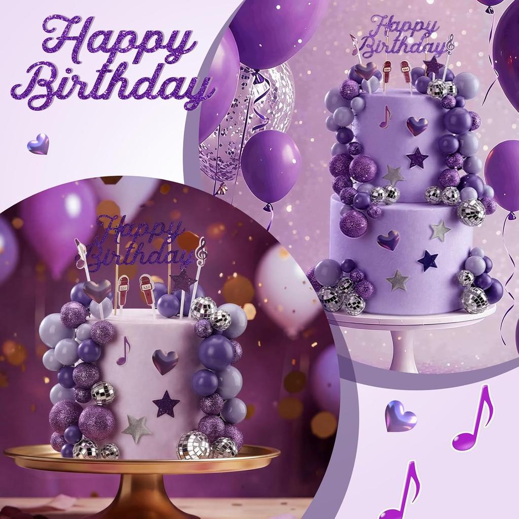 Complete K-Pop Party Cake Topper: Purple Disco Balls Mic Hearts “Happy Birthday” – Music Theme Decor 5