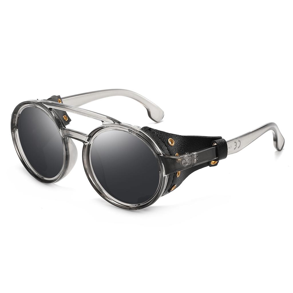 New European and American trends cool with leather glasses fashion sunglasses punk colorful round frame sunglasses