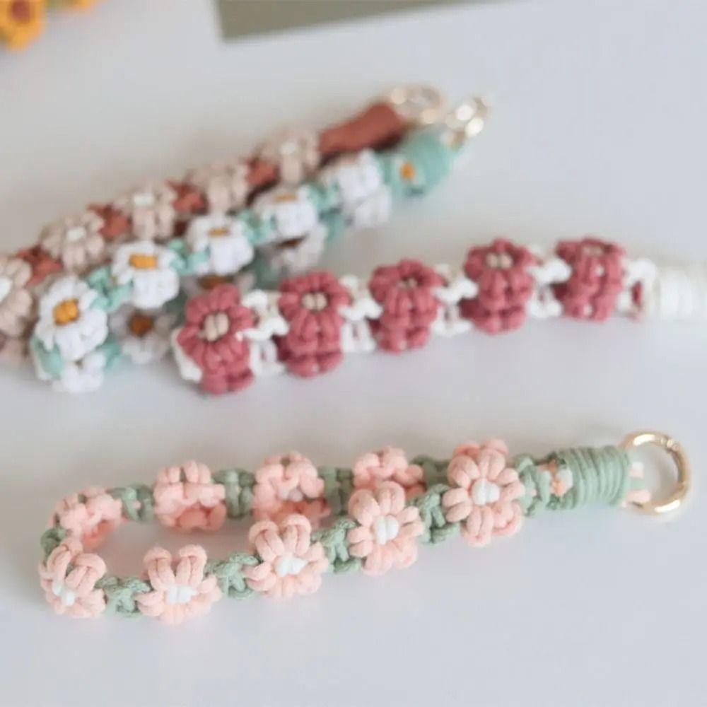 Daisy Flower Phone Wristband Cotton Rope Daisy Flower Keyring Boho Style Phone Lanyard Phone