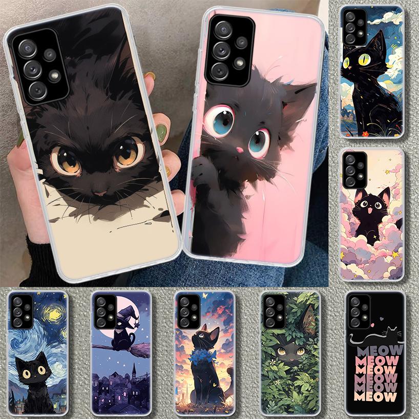 Милый черный котик Мяу Чехол для телефона Samsung Galaxy A17 A16 A26 A36 A56 A57 A37 A15 A25 A35 A55 A14 A24 A34 A54 A13 A23 A33