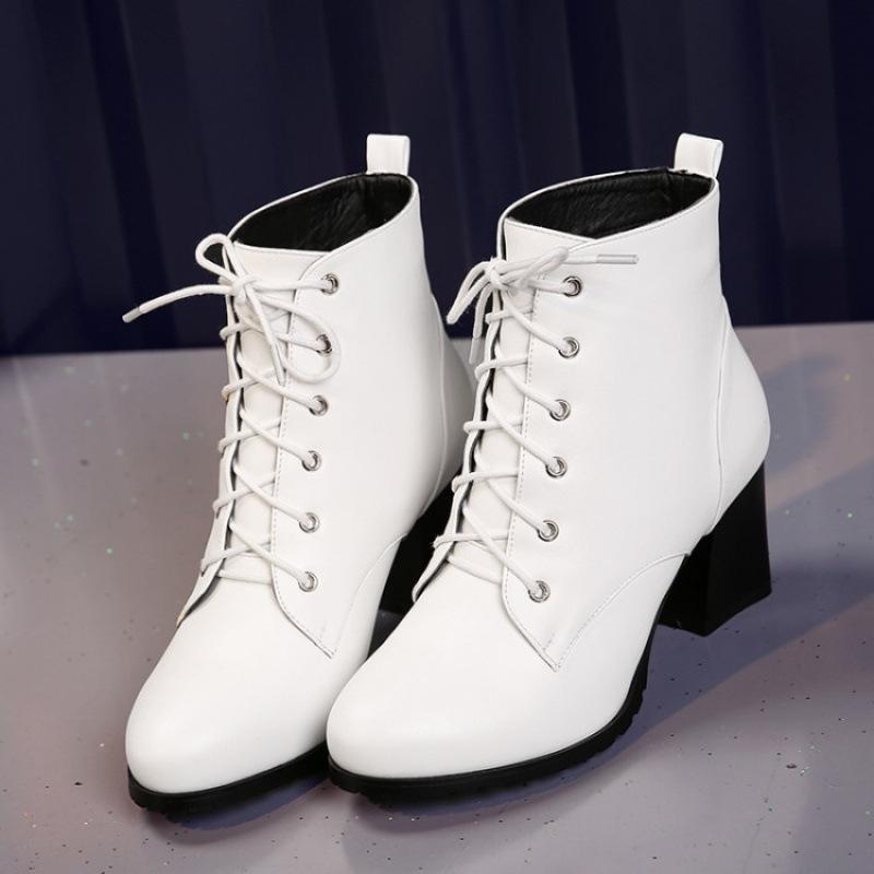 Осень и зима новые ботинки Мартин женские на шнуровке на высоком каблуке с круглым носком большого размера женские ботинки квадратный каблук удобные корейская версия низкие ботинки wome