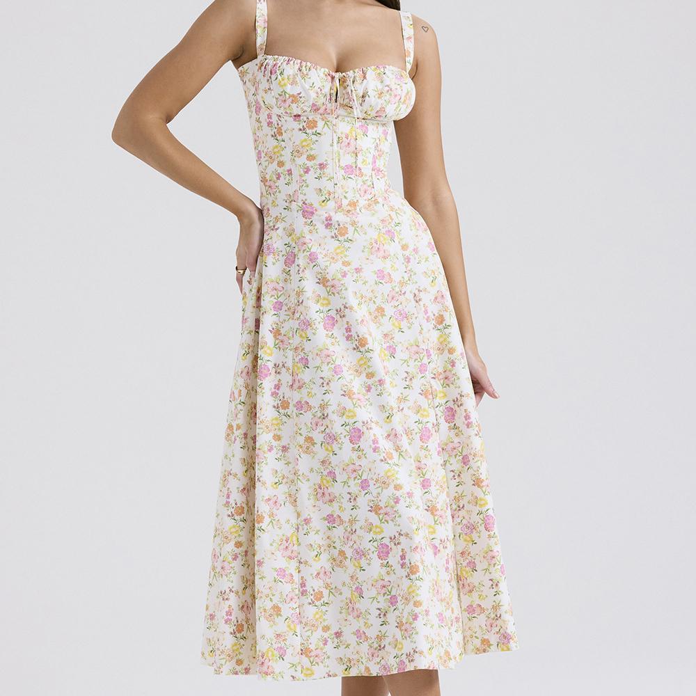 Женские летние платья с цветочным принтом, милое элегантное праздничное платье миди, повседневные синие платья с разрезом на шнуровке 2024