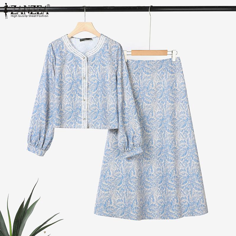 ZANZEA Women Long Sleeve Blouse and Long Skirts Print Casual Two Piece Suit Sets