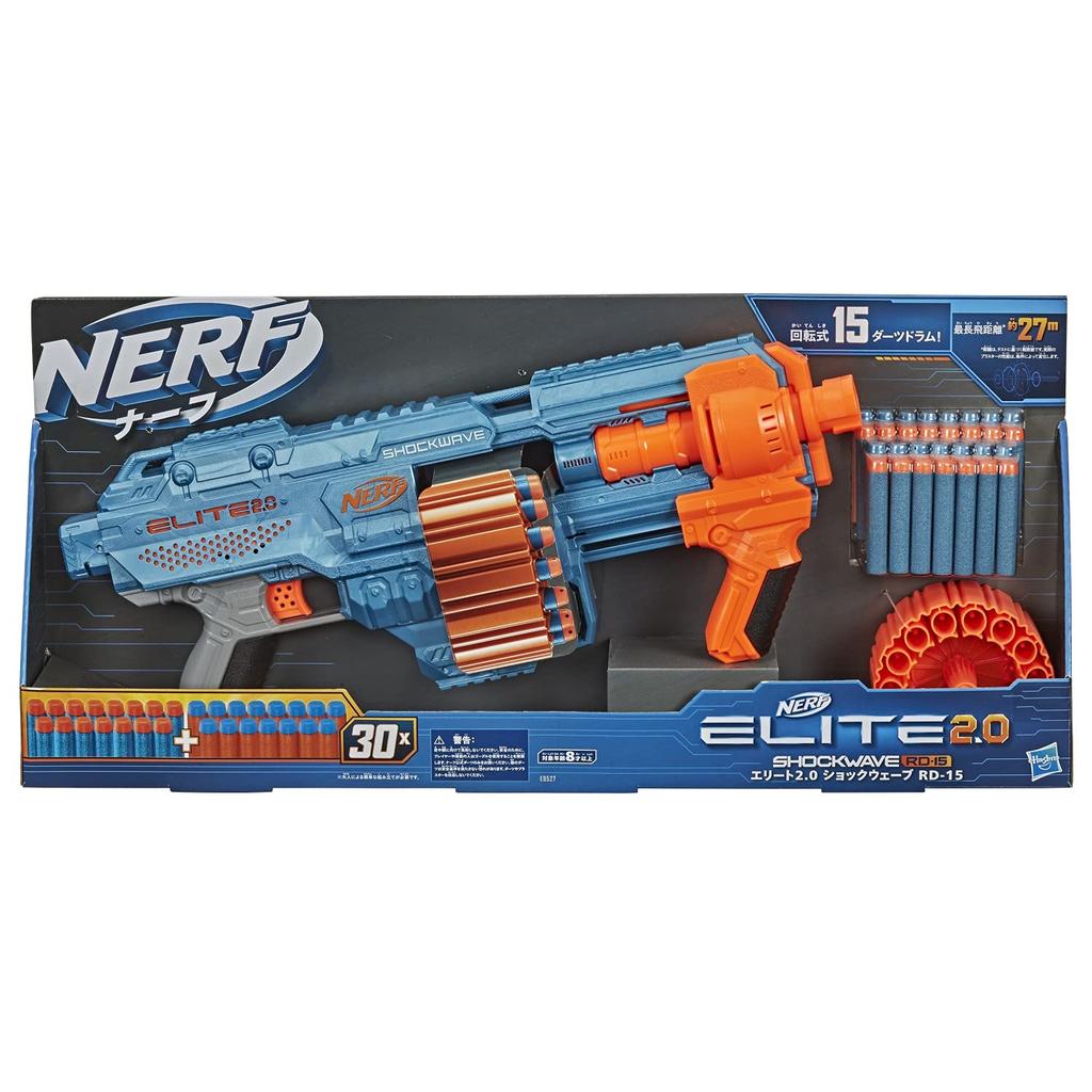 Ручной бластер Nerf Elite 2.0 Shockwave RD-15 поставляется с 30 официальными дротиками, оснащен 15-зарядным вращающимся барабаном для дротиков + тактическим рельсовым помповым механизмом Slam