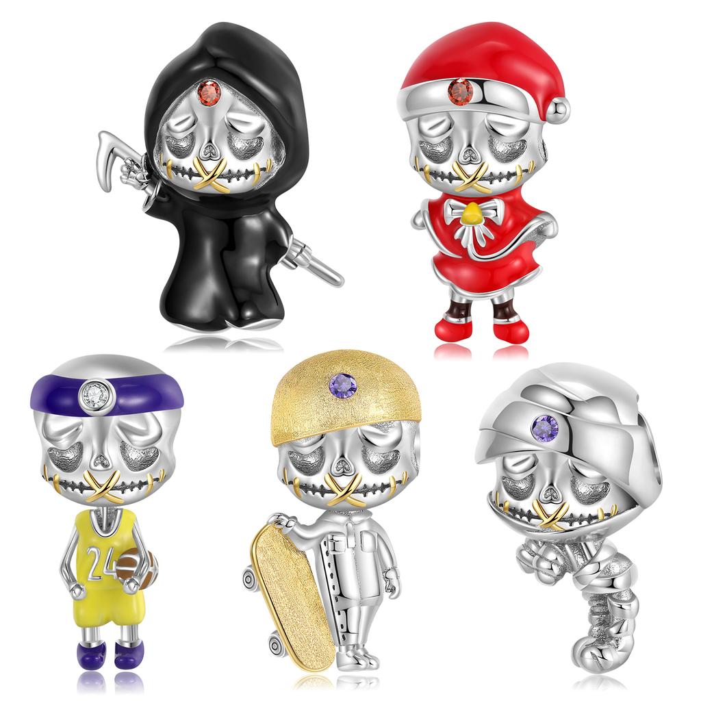 Skateboard Skull Charm 925 Sterling Silver Christmas Skeleton Beads for Women Fine Charms Bracelet Jewelry Making