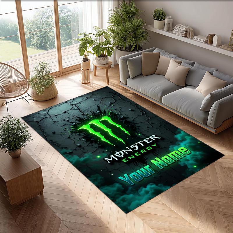 Monster Energy Crystal Velvet Rug, Custom Name Text Personalized Non‑Slip Floor Mat for Home Decor Gift