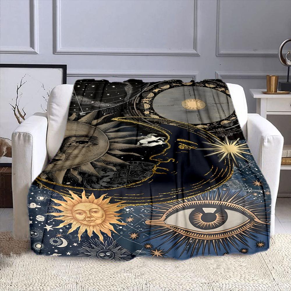 Mystic Sun Moon Stars Tapestry Illustration Patterned flannel blanket perfect for the bedroom living room, sofa, or a little nap