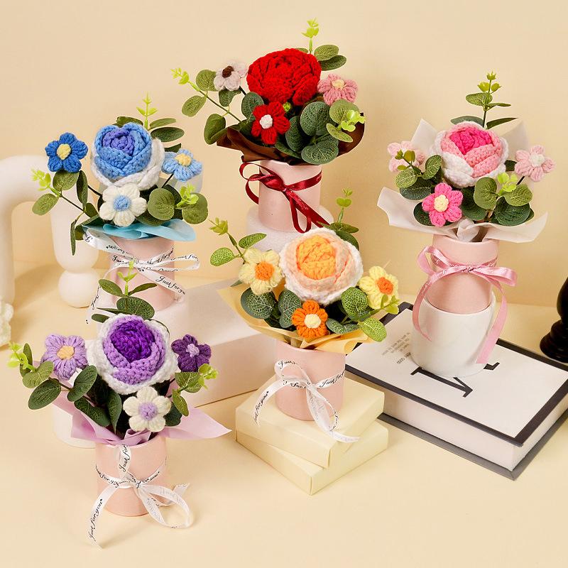 1 шт. Роза Элегантный подарок ручной работы Искусственный цветок Вечный Вязаный День святого Валентина Пышный Романтический букет Сделай сам 20x14 см