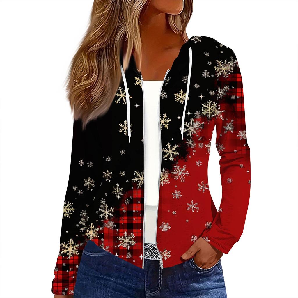 Women's Fashion Christmas Print Casual Zip-Up Long-Sleeved Hooded Jacket