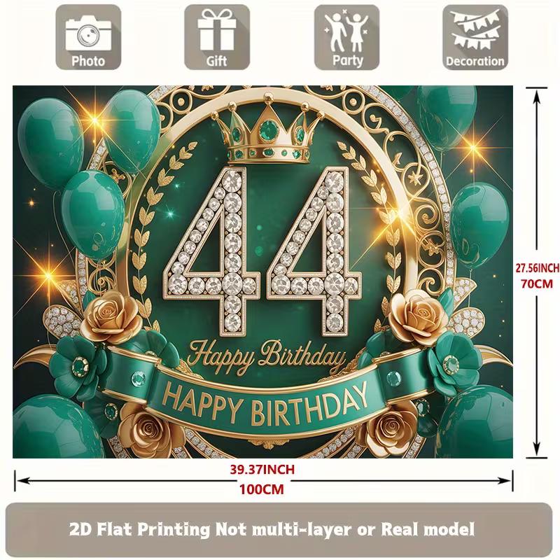 2D Luxury Green Gold 44th Birthday Backdrop Diamond Crown Party Banner