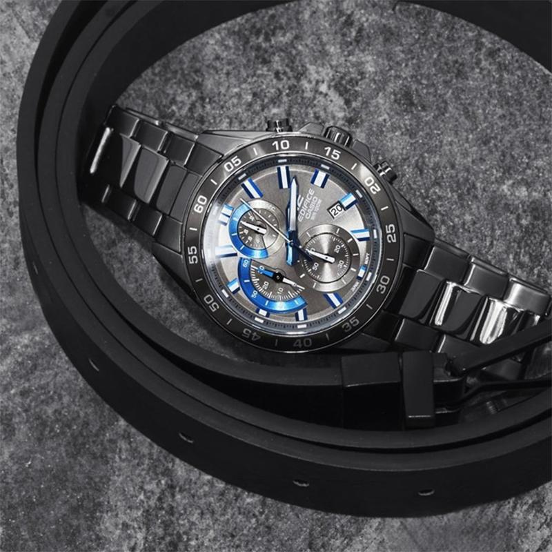Casio EDIFICE Модные Черные Цепочки Синие Стрелки Мужские Кварцевые Часы Кварцевый Механизм Стальной Ремешок Японские и Корейские Часы Мужские EFV-550GY-8A