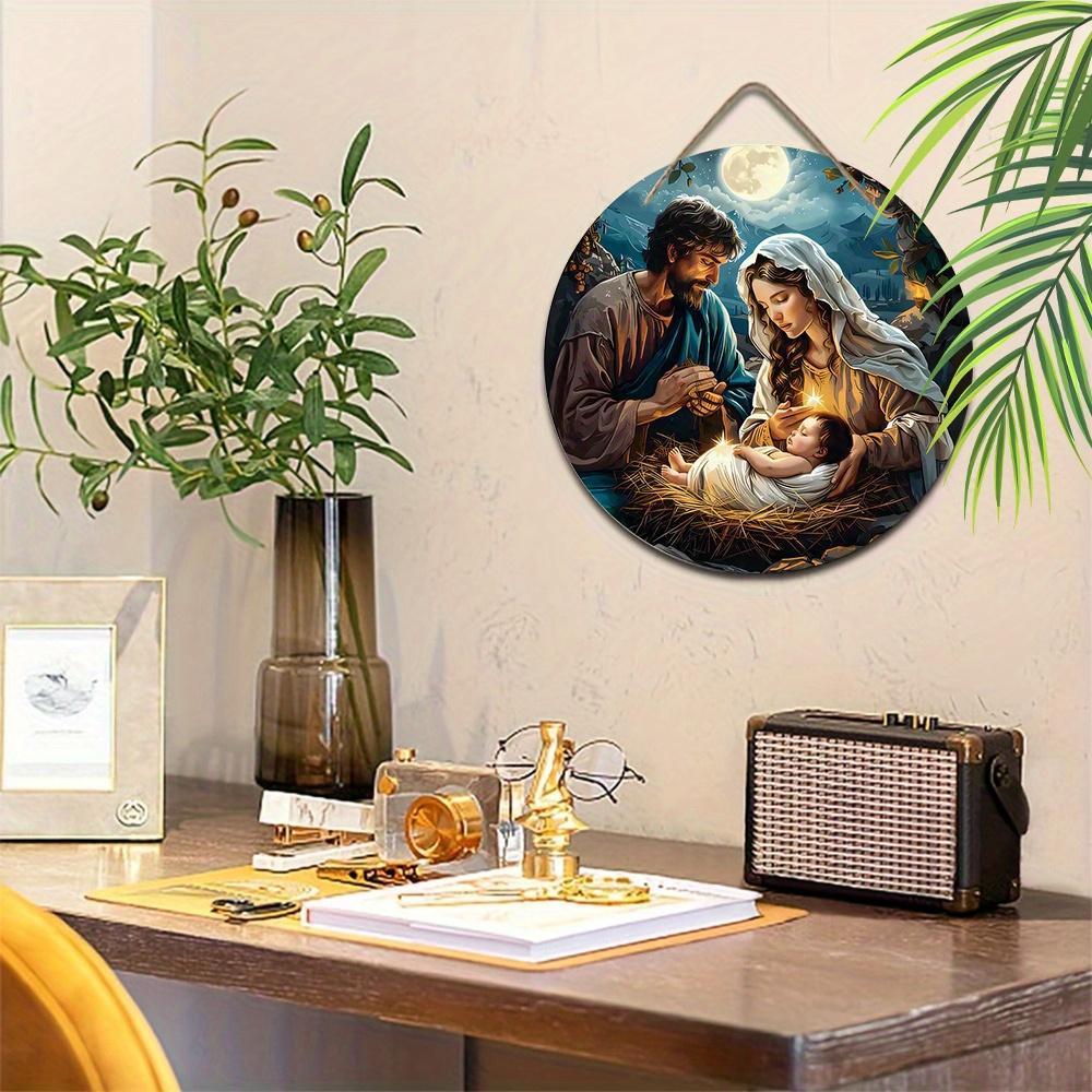 5pcs Religious Figure Born Nativity Scene Wooden Sign - Round Wall Hanging Decor for Place of Worship Door, Perfect Nazarene Gift