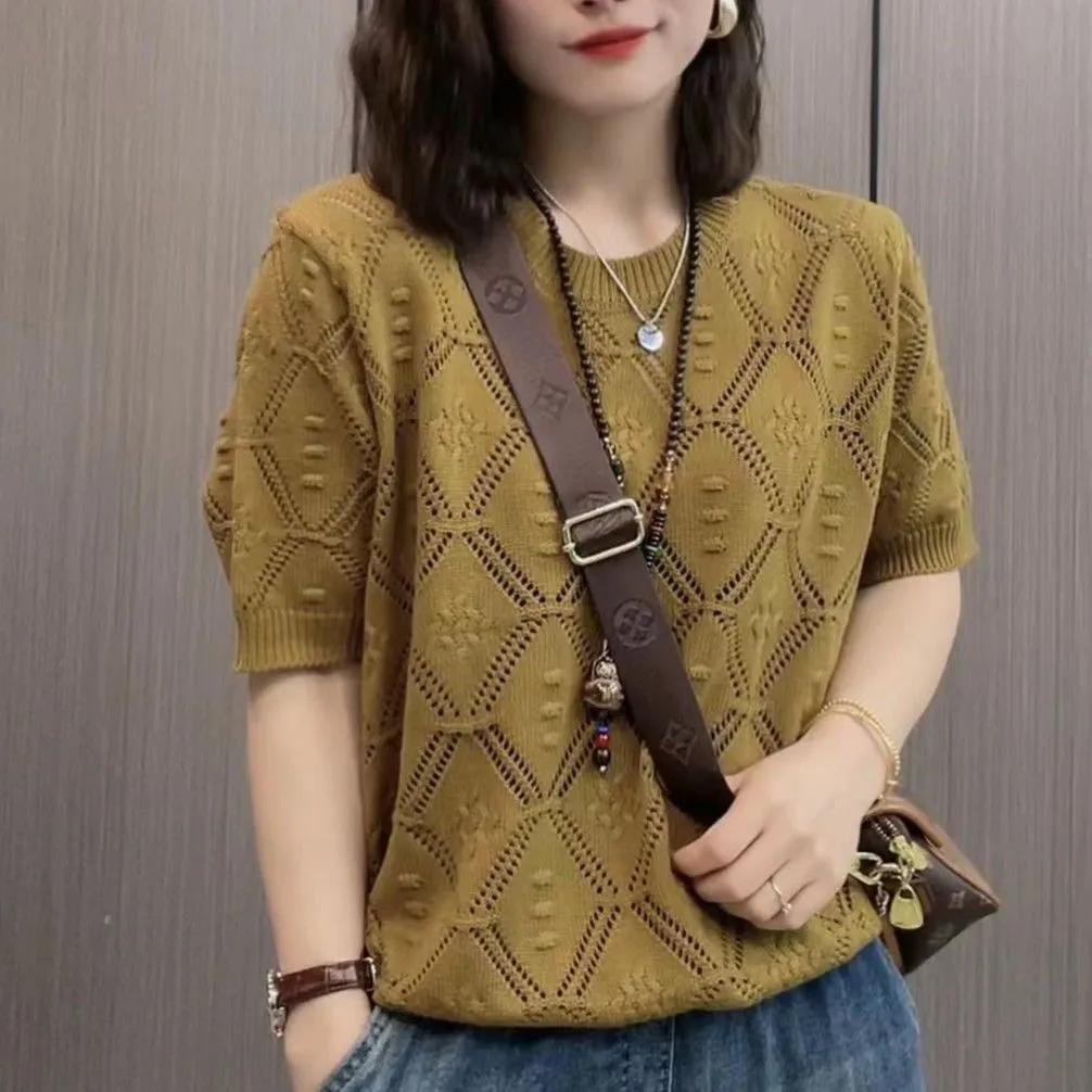 Women's Spring Thin Casual Short-sleeved Knitted Sweater Jacquard Hollow Summer Round Neck Top