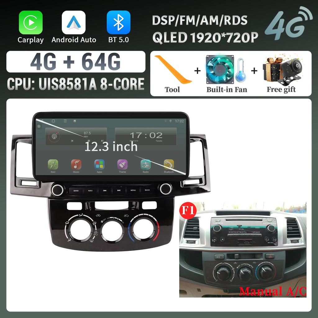 12,3-дюймовый автомобильный радиоприемник с мультимедиа 4G GPS для Toyota Hilux 2005-2014 Android 14 навигация беспроводной Carplay Bluetooth сенсорный экран