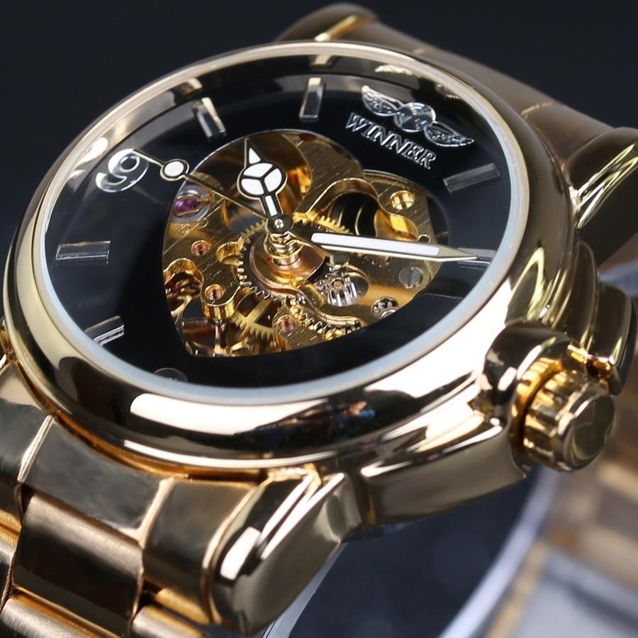 WINNER New Women Luxury Top Brand Automatic Mechanical Watch Golden Skeleton Love Stainless Steel Fashion Ladies Wrist Watch