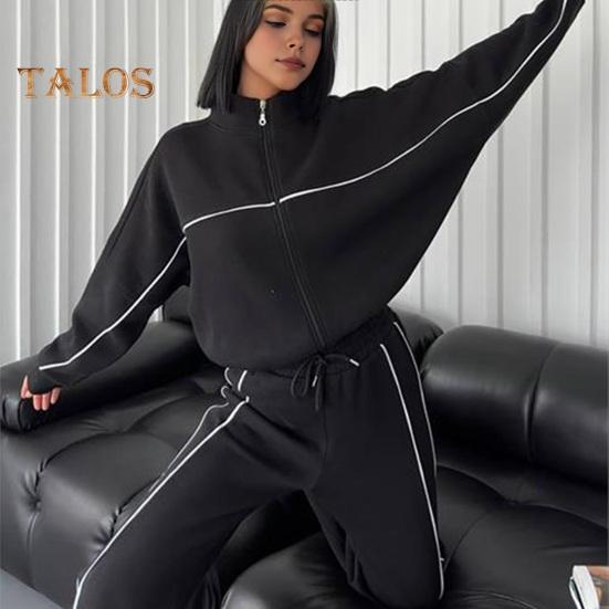 Женский комплект из 2 предметов: пальто и брюки, полувысокий воротник, застежка-молния, длинный рукав, эластичный пояс, широкие брюки, карманы, зимний повседневный спортивный костюм