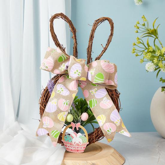 Венок пасхального кролика из ротанга, плетеный в форме кролика, венок с бантом, искусственная зелень для камина, двери, стены, окна, декор