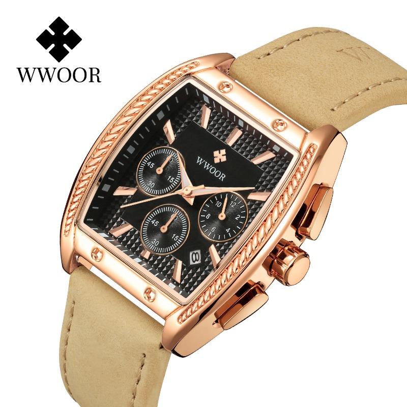 WWOOR Модные квадратные мужские часы с ремнем Кварцевый механизм Премиум водонепроницаемые мужские часы
