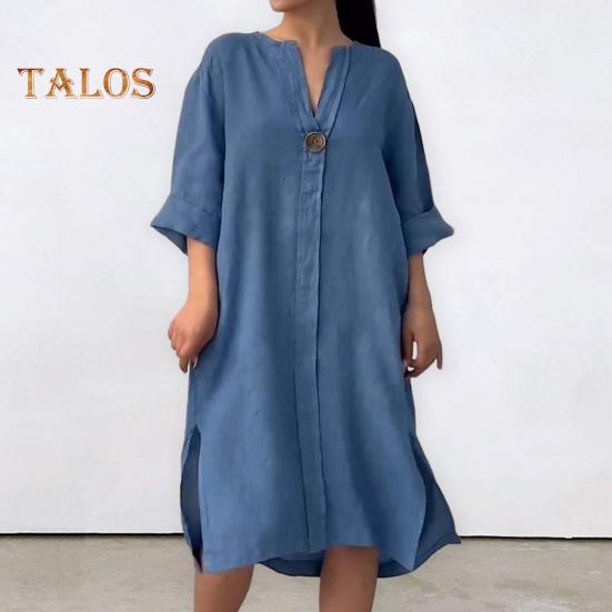 Женское осенне-летнее платье Свободное платье с V-образным вырезом и рукавами три четверти Трапециевидной формы Сплошной цвет с разрезом на пуговицах Декор Повседневная повседневная одежда Платье миди