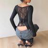 Женская черная кружевная блузка с открытой спиной, длинным рукавом, галстуком-бабочкой, облегающего кроя, повседневная