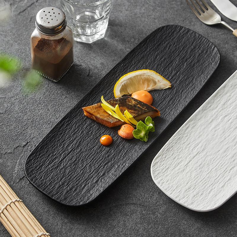 Black and white frosted rectangular plate Ceramic long bar dim sum Western food plate Japanese creative sushi plate