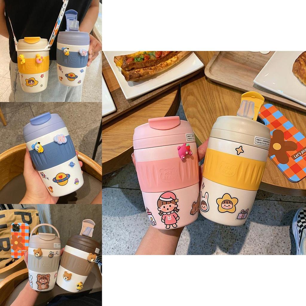 Стильная термобутылка для воды объемом 370 мл для детей с удобной соломинкой и ремешком