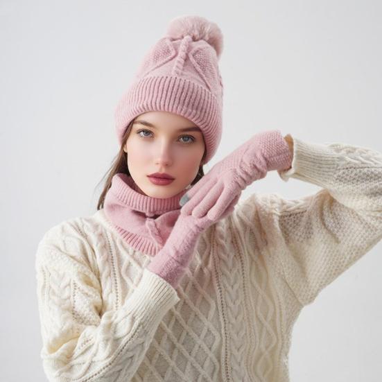 3Pcs/Set Women Hat Scarf Gloves Set Solid Color Design Twist Texture Thickened Warm Plush Lining Hat Scarf Gloves Winter Accessories