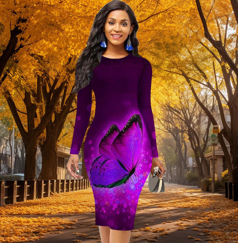 Длинный рукав, облегающее, офисное, облегающее, с принтом сверкающих бабочек, элегантное облегающее платье