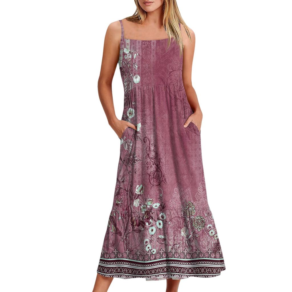 Женское длинное пляжное повседневное элегантное платье макси на тонких бретельках с цветочным принтом, струящееся платье в стиле бохо