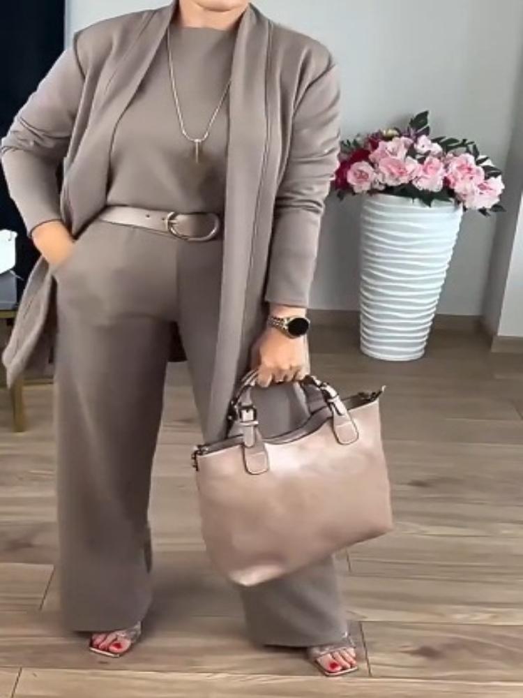 Бежевый комплект из 3 предметов: топ с длинным рукавом свободного кроя и брюки