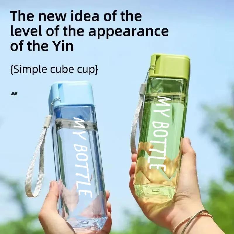 1pc 500ml Clear Square Drinking Glass In Matte Plastic Portable Water Bottle with Milk Cable for Outdoor Sports Sports Gym