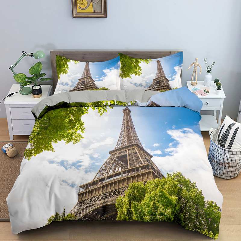 Paris Tower King Queen Duvet Cover Famous Buildings In France Bedding Set For Adults Pink Romantic 2/3pcs Polyester Quilt Cover