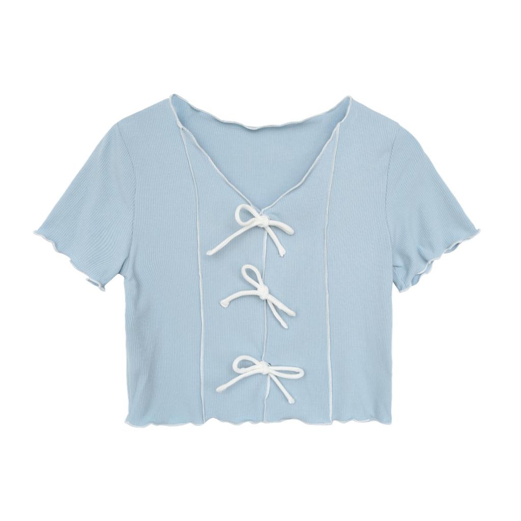 Футболка с короткими рукавами Bow Tie Wave Edge Color Collision, женская летняя, тонкая, с короткими секциями, маленькая рубашка, топы, повседневные, основные, облегающие, пуловеры, футболки