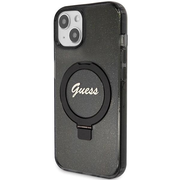 Guess Ring Stand Script Glitter Magsafe Case For Iphone 15 - Black