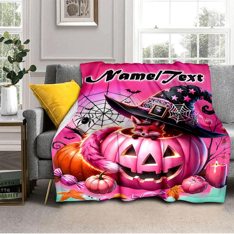 1PC Custom Name Halloween Pumpkin Party outdooor Flannel blankets Throw Blanket All-Season Throw Gift Bedspread for Couch, Bed, Camping Holiday Birthd