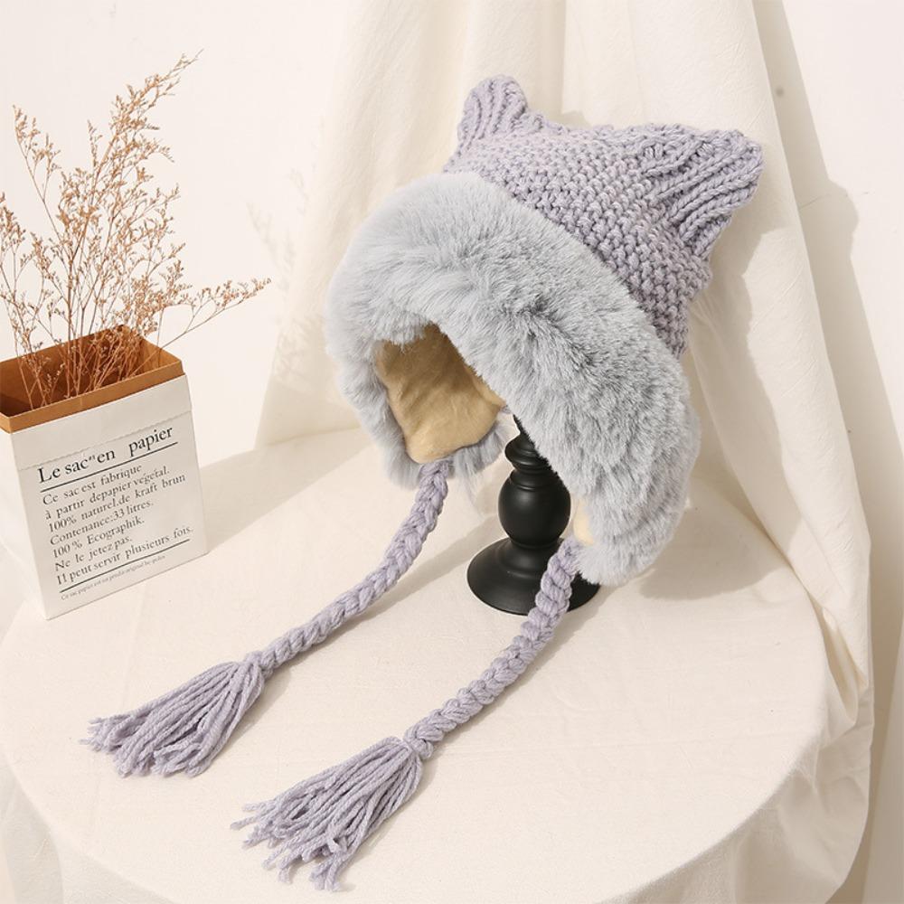 Ветрозащитная плюшевая шапка, вязаная шапка из искусственного меха, модная шапка с кошачьими ушками, для девочки