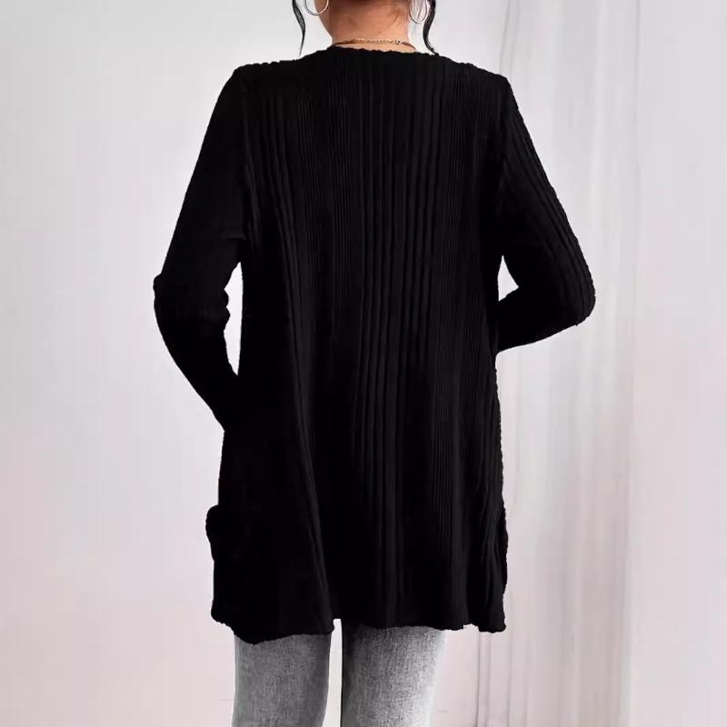 Осенне-зимний однотонный вязаный кардиган средней длины с длинными рукавами и карманом