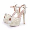 14cm Handmade Beaded Thick Heel Fish Mouth Sandals Large High Heels Waterproof Platform Women's Shoes Wedding Dress Luxury Pearl