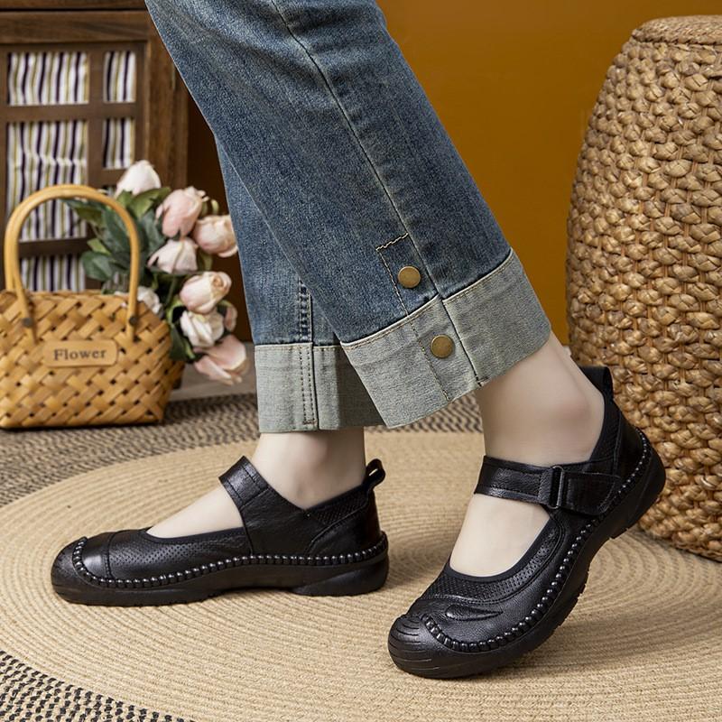 Johnature Genuine Leather Soft Soled Flat Shoes Retro Round Toe Shallow Versatile Comfortable Women's Shoes